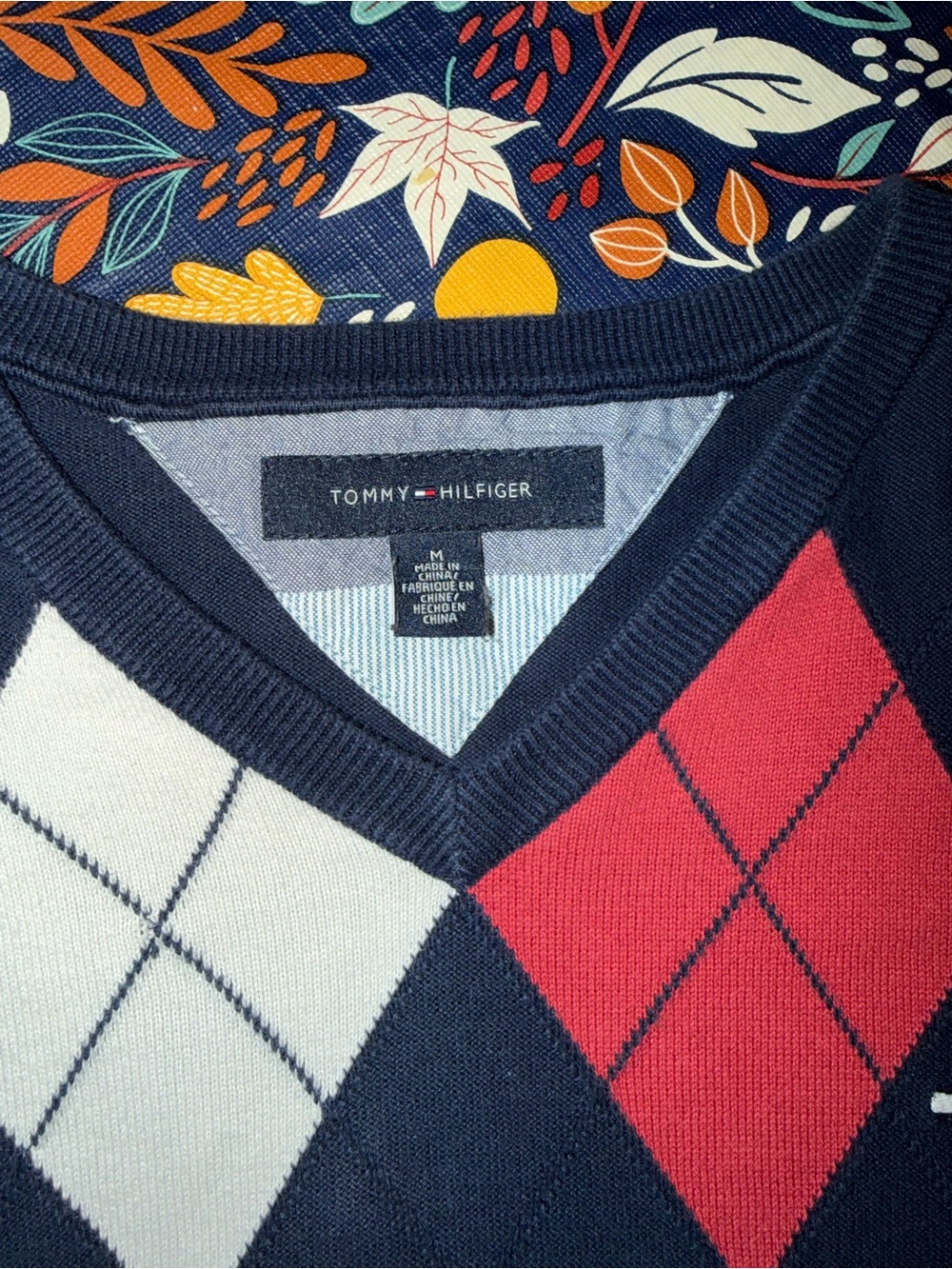 Tommy Hilfiger Men's Navy V-Neck Argyle Sweater with Red & White Diamonds